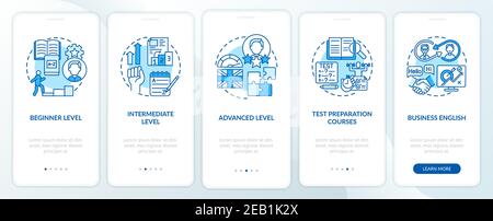 Language learning stages onboarding mobile app page screen with concepts Stock Vector