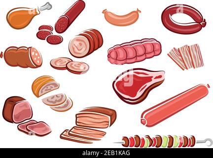 Meat products in cartoon style including bacon strips, sliced sausages and roast beef, fresh steak, chicken leg, kebab with vegetables on skewer suite Stock Vector