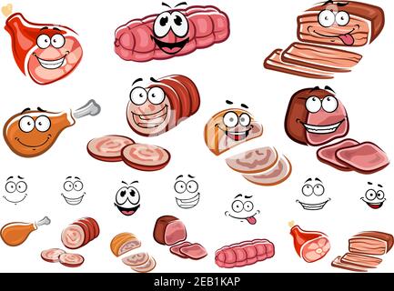 Meat products cartoon characters with smiling sliced sausages, roast beef, chicken and pork gammons suitable for butcher shop or food pack design Stock Vector