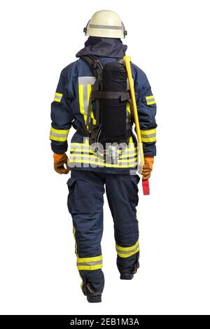 Back side view of walking firefighter in fire-proof uniform  Stock Photo