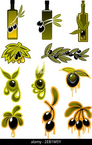 Olives and olive oil icons with varying numbers of black olives entwined around the bottles, hanging on branches and with drops of oil Stock Vector