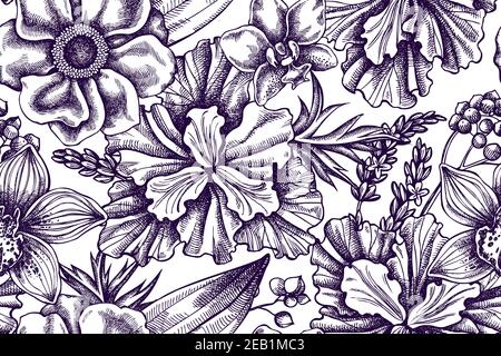 Artistic seamless pattern with anemone, lavender, rosemary everlasting, phalaenopsis, lily, iris Stock Vector