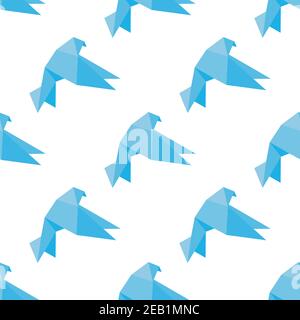 Paper dove or pigeons seamless pattern with blue flying origami birds isolated on white background for peace concept or wrapping design Stock Vector