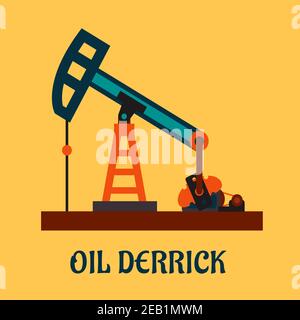 Oil industry concept in flat style depicting working oil derrick or pump jack isolated on yellow background Stock Vector