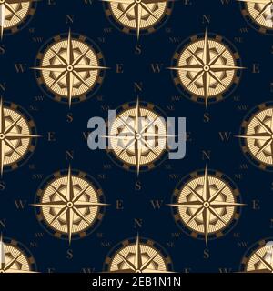 Golden stylized compass rose in retro style seamless pattern on dark blue background for luxury wallpaper or adventure design Stock Vector