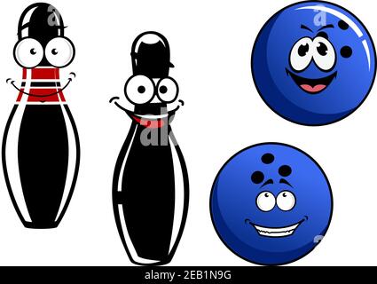 Happy smiling cartoon bowling pins or skittles and balls characters isolated on white background Stock Vector
