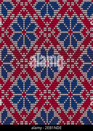 Red and blue embroidery seamless pattern in scandinavian style with large repeat floral motifs and stitch design in a geometric pattern Stock Vector