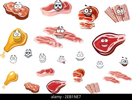 Cartoon cuts of various meats with happy smiling faces with a second set with no smiles and separate elements Stock Vector