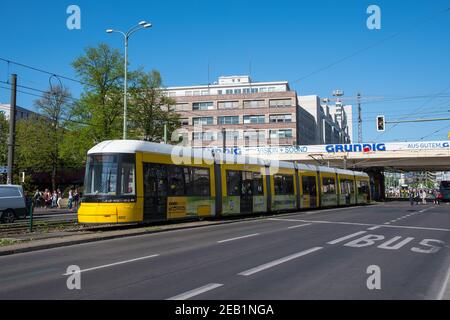 Berlin Germany - April 21. 2018: Tram riding on a Berlin city street Stock Photo