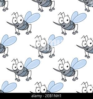 Seamless pattern with funny little gray mosquito cartoon characters on white background for childish wallpaper or decor design Stock Vector