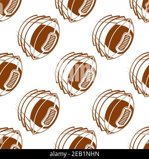 Brown rugby balls seamless pattern showing flying american football balls with traditional lacing on white background for fabric or wrapping design Stock Vector
