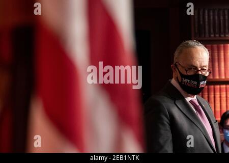 United States Senate Minority Leader Chuck Schumer (Democrat of New York) offers remarks and fields questions from reporters during a press conference at the U.S. Capitol in Washington, DC, Thursday, February 11, 2021. Credit: Rod Lamkey/CNP | usage worldwide Stock Photo