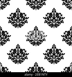 Vintage victorian styled foliate seamless pattern with black leaves scrolls compositions on white background for textile or wallpaper design Stock Vector