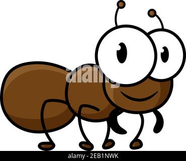 Cute little brown ant cartoon character with funny short legs and antennas isolated on white background for childish decor design Stock Vector