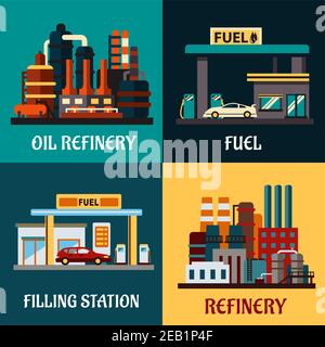 Oil refinery factories and gas stations concepts in flat style showing roadside filling stations with cars, pumps and industrial plants for refining o Stock Vector