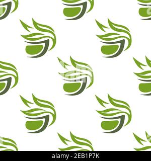 Abstract green or herbal tea seamless pattern with stylized tea cups decorated leafy branches on white background suitable for fabric or wrapping desi Stock Vector