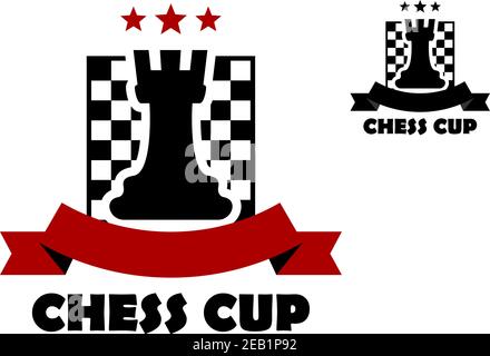 Chess cup logo or emblem template including black rook on chess board decorated red stars and ribbon banner with copy space Stock Vector