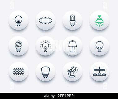 light bulbs, lamps and illumination line icons Stock Vector