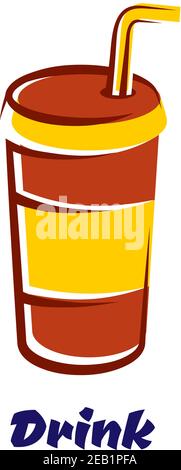 Striped paper fast food cup for cold beverage with lid and drinking straw in cartoon style isolated on white background with caption Drinks Stock Vector