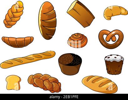 Cartoon fresh bakery products design elements depicting loaves of white and brown bread, long loaves, baguette and sweet cinnamon bun, croissants, pla Stock Vector