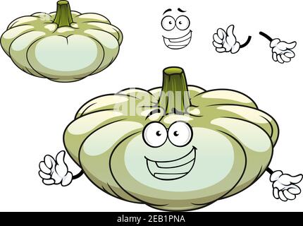 Pattypan squash or pumpkin vegetable cartoon character with large green stalk and cute smiling face for vegetarian menu or healthy nutrition concept d Stock Vector