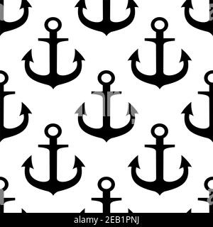 Black silhouettes of vintage nautical anchor on white background seamless pattern suitable for textile print or page fill design Stock Vector