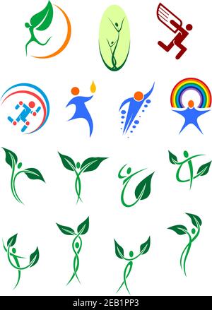 Eco friendly and environment protection abstract symbols showing silhouettes of people with green leaves, rainbow and wings in blue and green colors Stock Vector