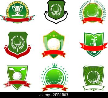 Vintage green golf emblems and logos with crossed clubs, balls and trophy cup on heraldic shields with ribbon banner, laurel wreath, stars, crown Stock Vector