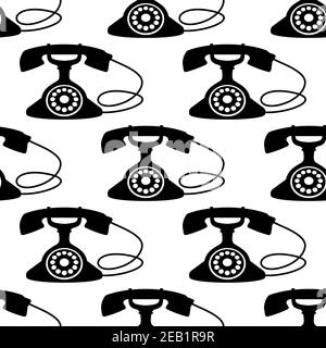 Black silhouettes of retro telephone with rotary dial seamless pattern on white background suitable for textile or page fill design Stock Vector