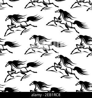 Seamless pattern background of black horses silhouettes with a flowing mane and tail in outline sketch style for fabric or page fill design Stock Vector