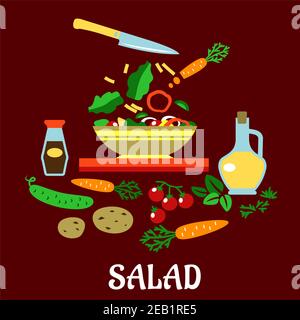 Cooking salad flat concept showing bowl with sliced fresh vegetables surrounded by whole carrots, cucumber, tomatoes, potatoes, spicy herbs, bottles o Stock Vector