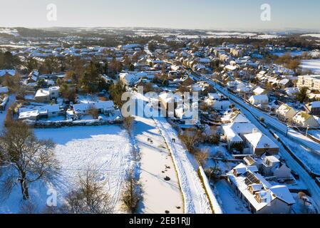 Aerial view of the Union canal frozen over, Manse road, Linlithgow, Scotland. Stock Photo