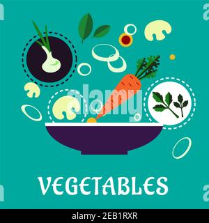 Vegetables flat infographic of cooking vegetarian salad depicting bowl with fresh ingredients carrot, onion with green sprouts, mushroom slices, parsl Stock Vector