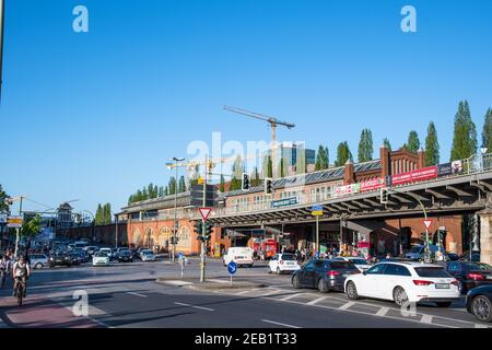 Berlin Germany - April 21. 2018: Railway and old buildings near the Oberbaum bridge Stock Photo