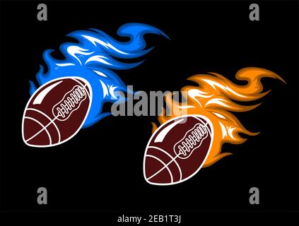 Cartoon brown rugby balls with blue and orange fire flames on black background for sporting design Stock Vector