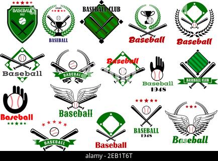 Baseball club or team emblems and logo with balls, bats, gloves, trophy cups framed by baseball fields, wings, stars and heraldic elements Stock Vector