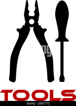 Black silhouettes of pliers and screwdriver tools isolated on white background with red text Stock Vector