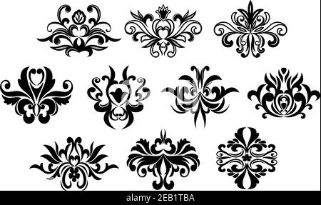 Silhouettes of stylized black flowers consist of curly pointed leaves and curlicues isolated on white background for elegant invitation or greeting ca Stock Vector