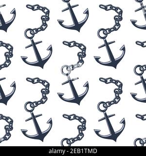 Vintage nautical seamless pattern of sea anchors with heavy chains in black and back colors suitable for textile or wallpaper design Stock Vector