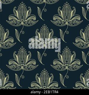 Dainty yellow flowers in persian style seamless pattern with swirls, waves and dots on dark green background suited for oriental interior design Stock Vector