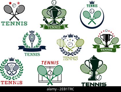 Tennis competition emblems or icons depicting tennis balls, crossed rackets and trophy cups with heraldic and decor elements Stock Vector