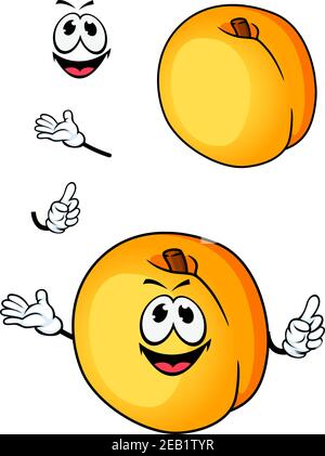 Cartoon smiling yellow peach or nectarine fruit mascot character with velvety skin and dry brown stalk for food or agriculture design Stock Vector