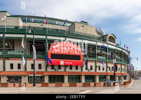 The exterior Major League Baseball's Chicago Cubs' Wrigley Field stadium in the Wrigleyville neighborhood of Chicago. Stock Photo