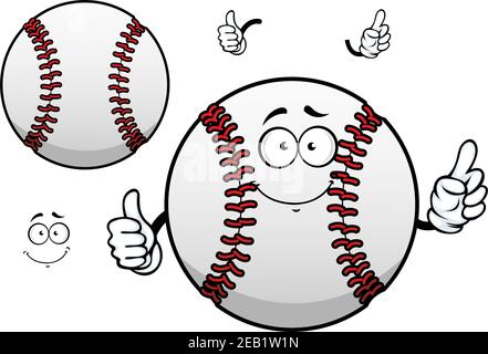 Happy cartoon white baseball ball character with raised red stitches showing thumb up gesture for sporting mascot or tournament design Stock Vector