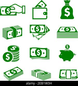 Green paper money and coins icons isolated on white background for business nad commerce design Stock Vector
