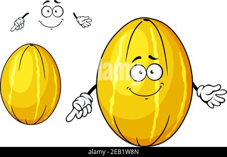 Bright yellow striped melon fruit cartoon character with cute smile isolated on white background for recipe book or vegetarian menu design Stock Vector