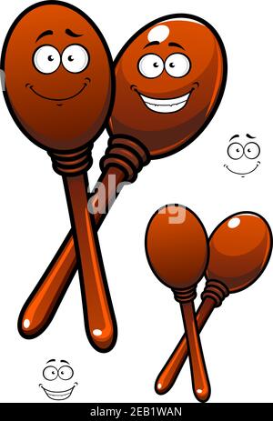 Pair of wooden polished maracas cartoon characters depicting mexican traditional percussion musical instruments with funny smiling faces for childish Stock Vector