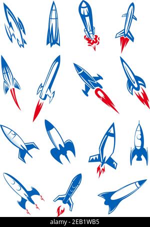 Blue flying space rockets or spaceships and missiles with red flaming tracks in retro cartoon style for logo or emblem design Stock Vector