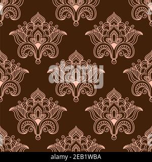 Vintage floral seamless pattern with contoured pink flowers in traditional persian paisley style on dark brown background Stock Vector
