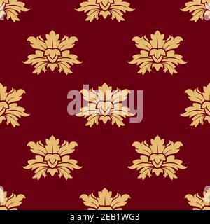 Abstract curly yellow flowers with tender buds and bold petals seamless pattern on red background for wallpaper or upholstery fabric design Stock Vector